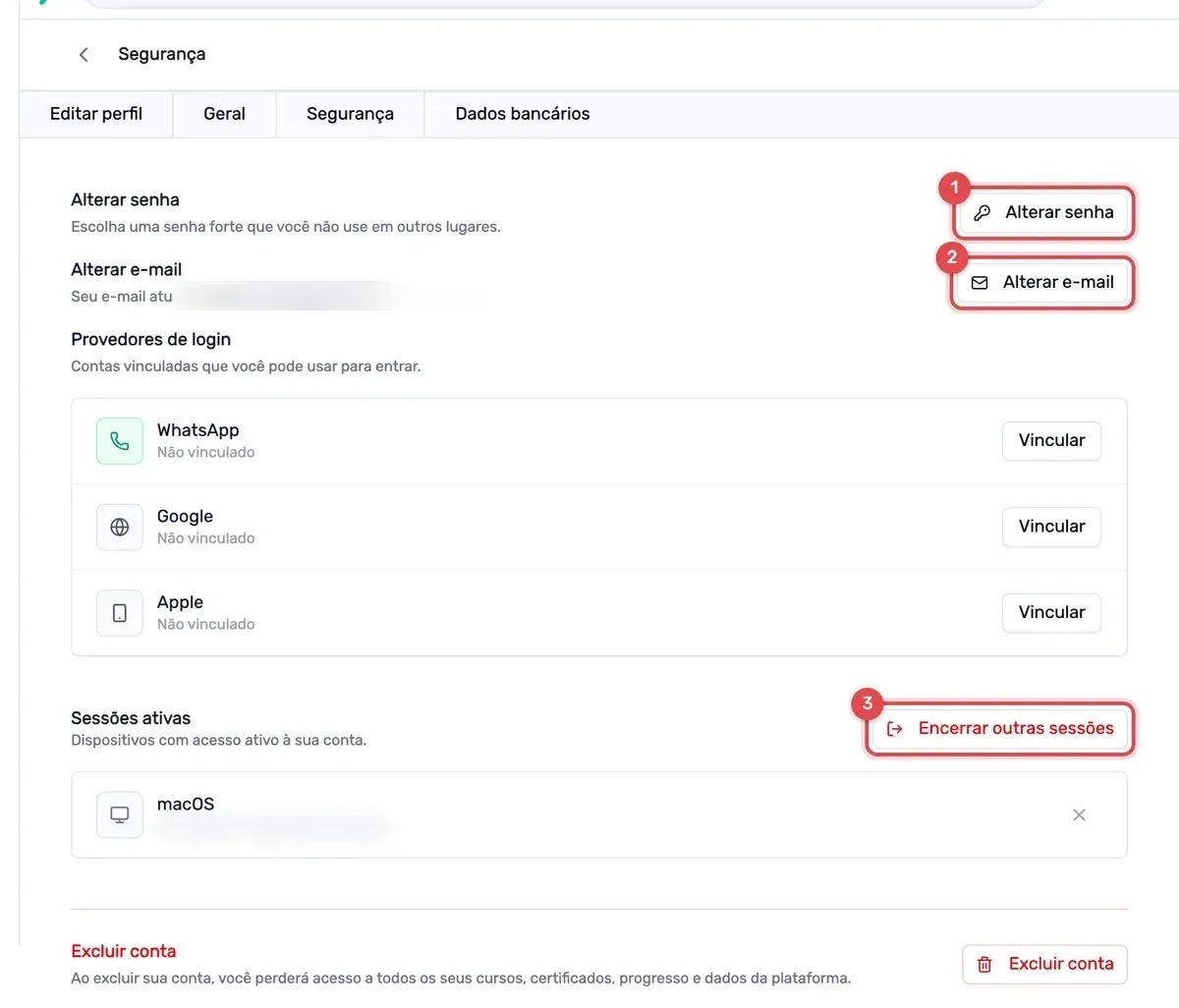 Aba Segurança das configurações da conta na Ensino Nacional: blocos Alterar senha (destacado com o número 1) e Alterar e-mail (2), que mostra o e-mail atual; Provedores de login com WhatsApp, Google e Apple e botões Vincular; Sessões ativas com o botão Encerrar outras sessões (3) e um dispositivo macOS listado; ao final, a área Excluir conta