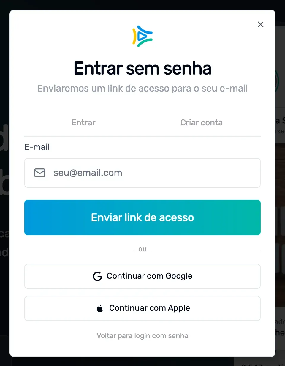 Janela "Entrar sem senha" da plataforma, com o texto "Enviaremos um link de acesso para o seu e-mail", o campo E-mail e o botão "Enviar link de acesso"; abaixo, Continuar com Google, Continuar com Apple e "Voltar para login com senha"