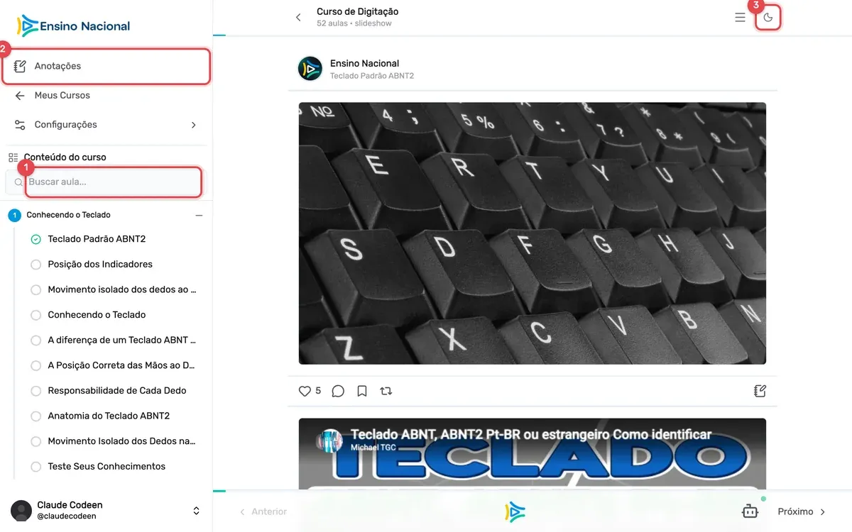 Player de aula da Ensino Nacional no Curso de Digitação: à esquerda, a barra lateral com Anotações (destacado com o número 2), Meus Cursos, Configurações e o conteúdo do curso, com o campo Buscar aula... (1) e a lista de aulas do módulo Conhecendo o Teclado; no topo à direita, o botão de modo escuro (3); no centro, a aula Teclado Padrão ABNT2 com imagem e vídeo, e na barra inferior os botões Anterior e Próximo